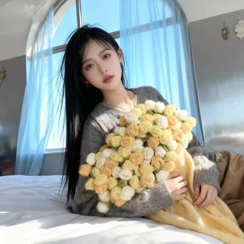 送成品奶牛芝士三色黄幻渐梦变玫瑰厂家直供花毯毛线花束子成毯品