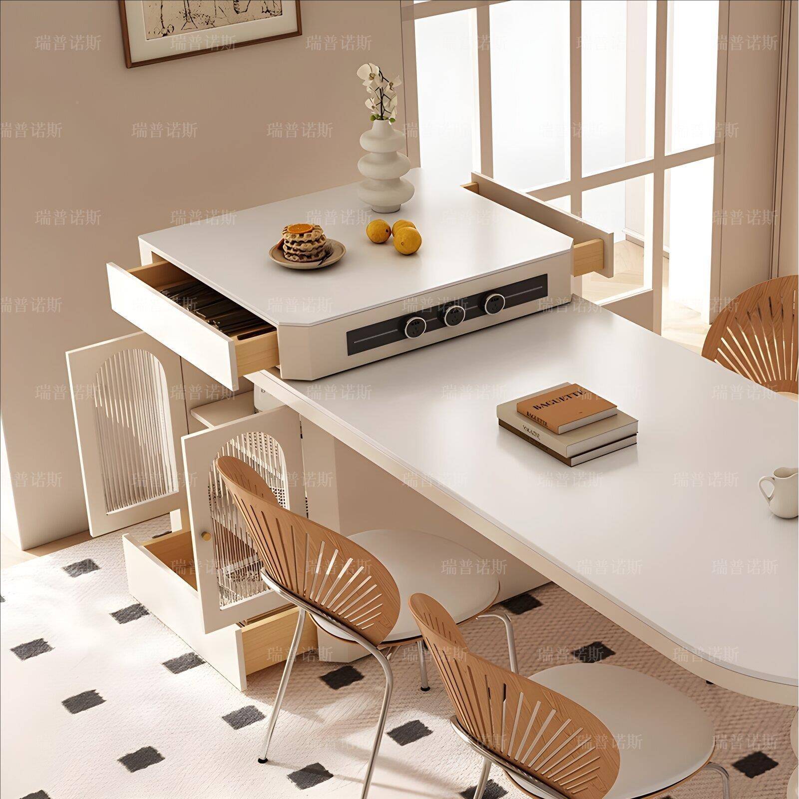 MFT新款台餐桌一岛体可伸家岩板倒台轻缩奢大户型厨房中岛台吧用