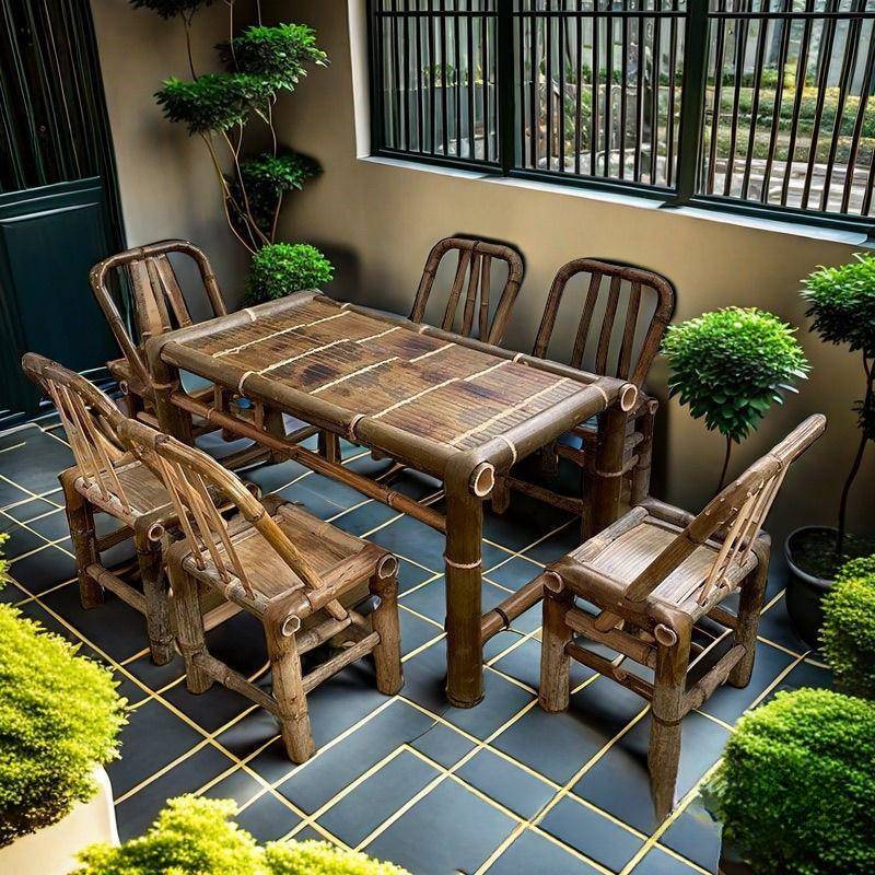 竹桌复古庭院组合老式竹桌子户外竹桌椅竹编方桌茶桌室外竹桌竹椅