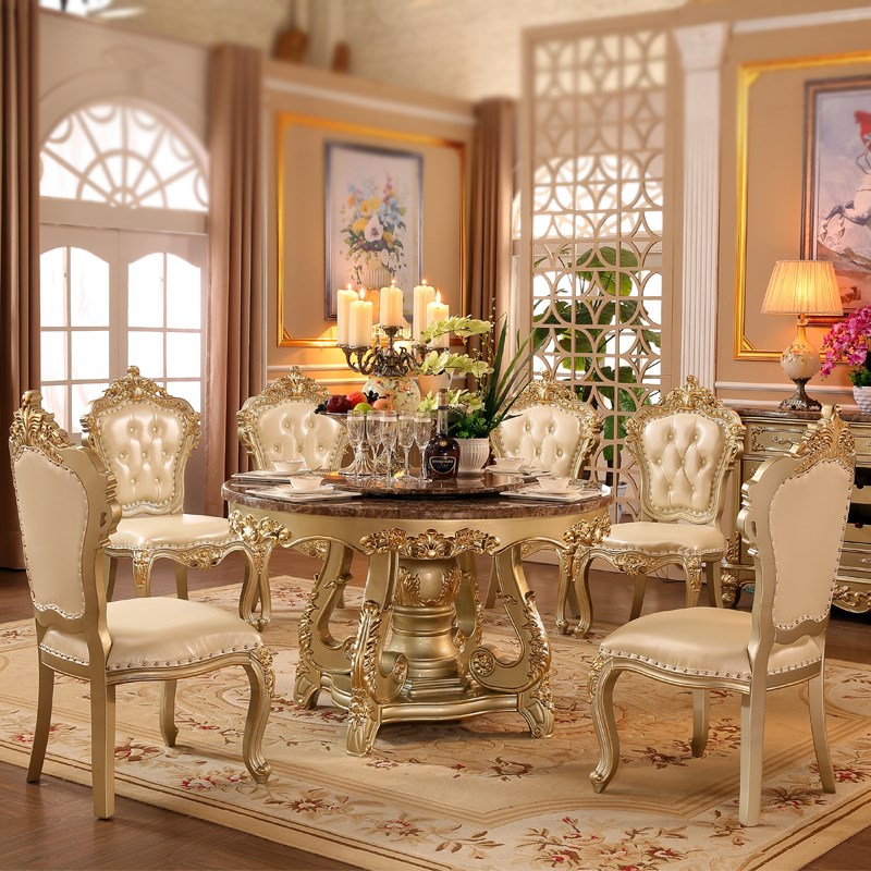 欧式圆桌 美式餐厅大理石带转盘6人8人家用实木雕花豪华圆形饭桌