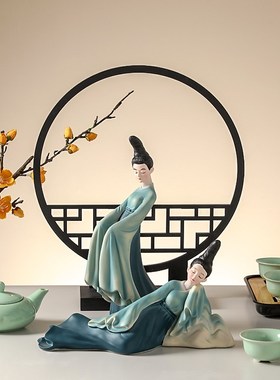 中式造景古风仕女摆件只此青绿文创茶室禅意布置电视柜中古装饰品
