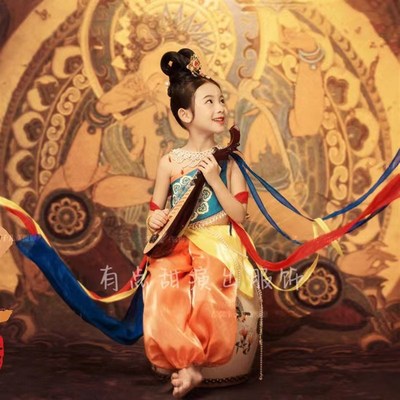 儿童敦煌舞蹈表演服少数民族异域风情红色飞天乐鼓古典演出服摄影