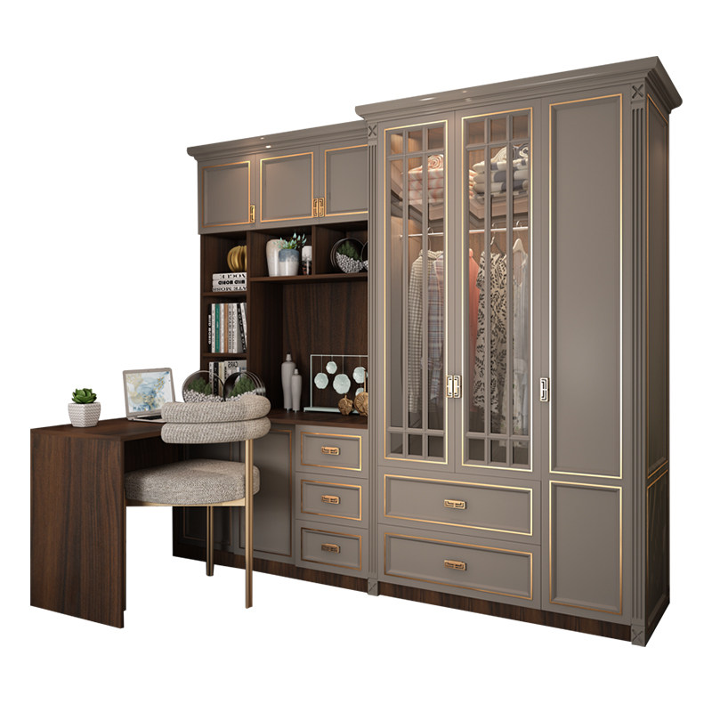 实木新中式轻奢书柜书桌衣柜一体组合儿童家用卧室学习电脑桌定制