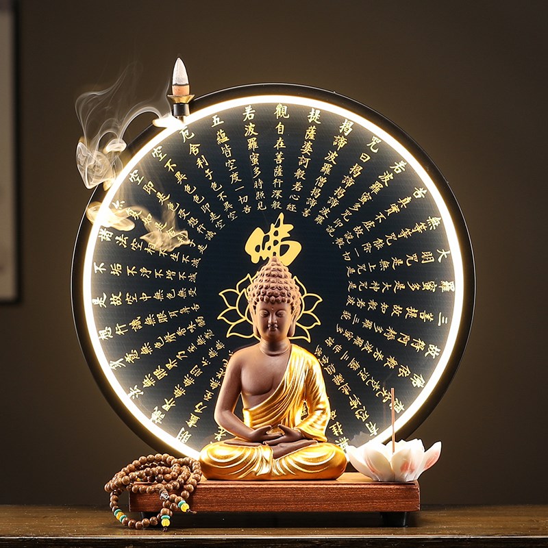 新中式灯圈释迦牟尼佛佛像摆件家居客厅玄关办公室桌面装饰工艺品