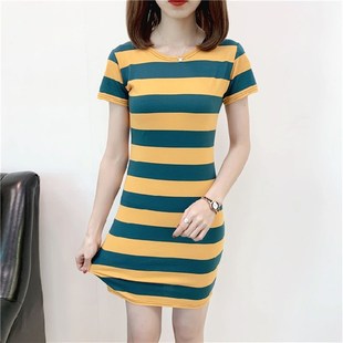 女装连衣裙夏天色彩条纹圆领短袖洋气质修身包臀甜美T恤法式休闲