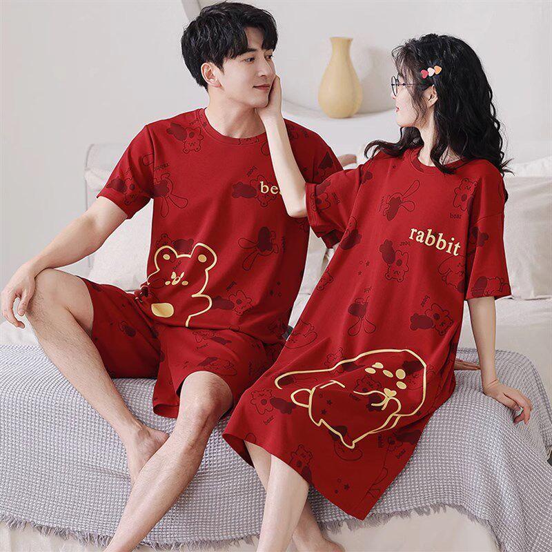 情侣睡衣夏季纯棉薄款套装红色结婚睡裙女短袖新婚家居服男可外穿