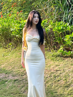 胖mm法式性感收腰一字肩连衣裙女夏季高级感显瘦气质包臀鱼尾长裙