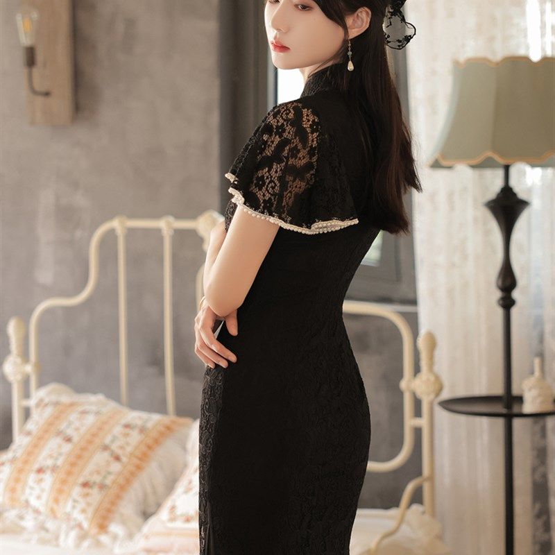 黑色蕾丝改良旗袍少女年轻款2024夏季新款复古国风高端气质显瘦