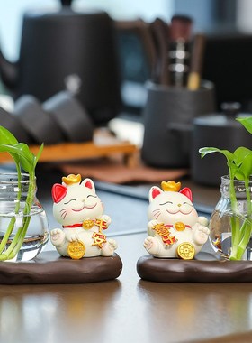 可爱招财猫水培玻璃瓶摆件饰品办公桌绿萝花瓶卡通幸运猫喜庆礼品