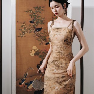 枕梦村庄 望秦川 复古国风新中式收腰开叉绑带气质吊带连衣裙新品