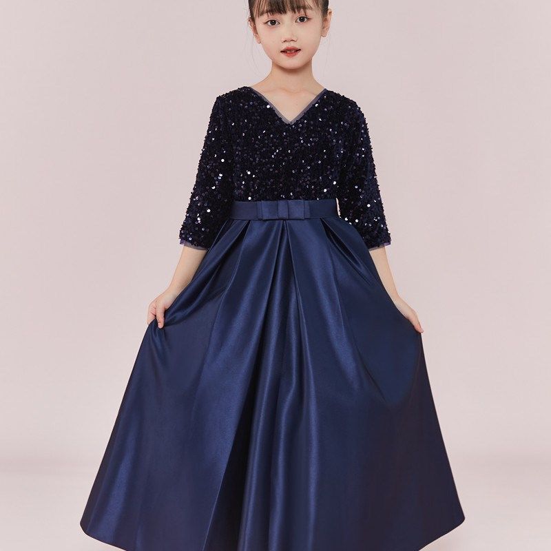 女童黑色V领钢琴礼服演出服公主裙儿童女孩表演裙长款气质中袖春