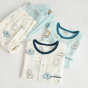 夏季男孩圆领全棉双层纱布男童儿童纯棉睡衣短袖七分裤中童家居服