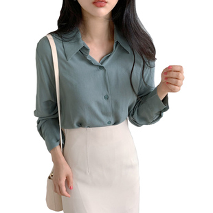 新款长袖绿色雪纺衬衫女春夏款垂感防晒显瘦打底衬衣小众气质上衣