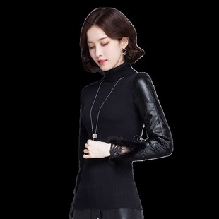 针织衫 女秋冬加绒加厚内搭羽绒棉袖 配马甲百搭毛衣 打底衫 高领皮袖