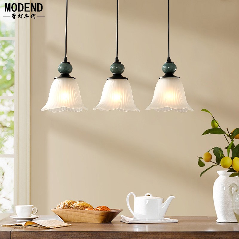 美式乡村田园餐厅吊灯简约创意吧台餐桌陶瓷复古三头北欧艺术灯具