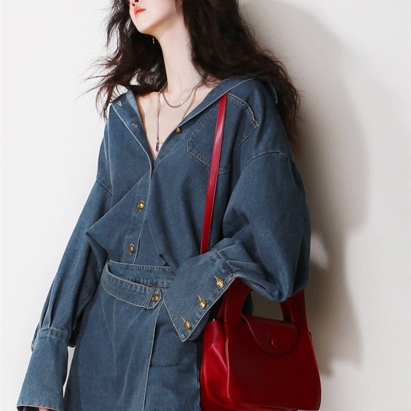 U61两件套装宽松做旧复古长袖牛仔衬衫外套+不对称双层短裤裙裤