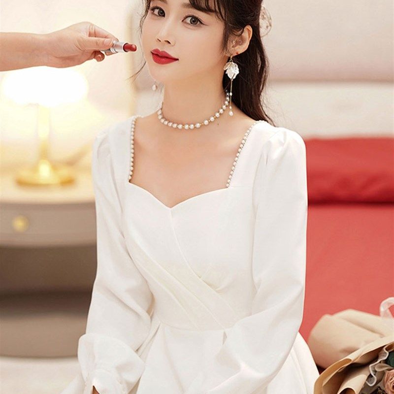 登记领证小白裙简约礼服新娘订婚轻婚纱日常可穿小个子中长款裙子