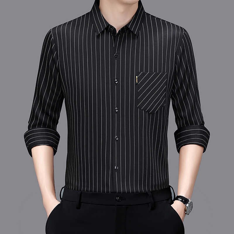 秋季高档条纹男士长袖衬衫宽松休闲爸爸装中年免烫真口袋大码衬衣