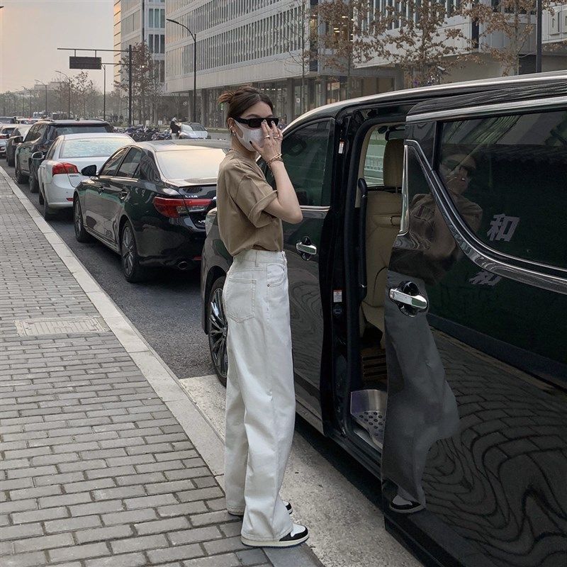 大码女装胖妹妹mm白色阔腿牛仔夏季宽松显瘦高腰直筒老爹裤200斤