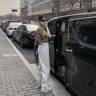 宽松显瘦高腰直筒老爹裤 胖妹妹mm白色阔腿牛仔夏季 200斤 女装 大码