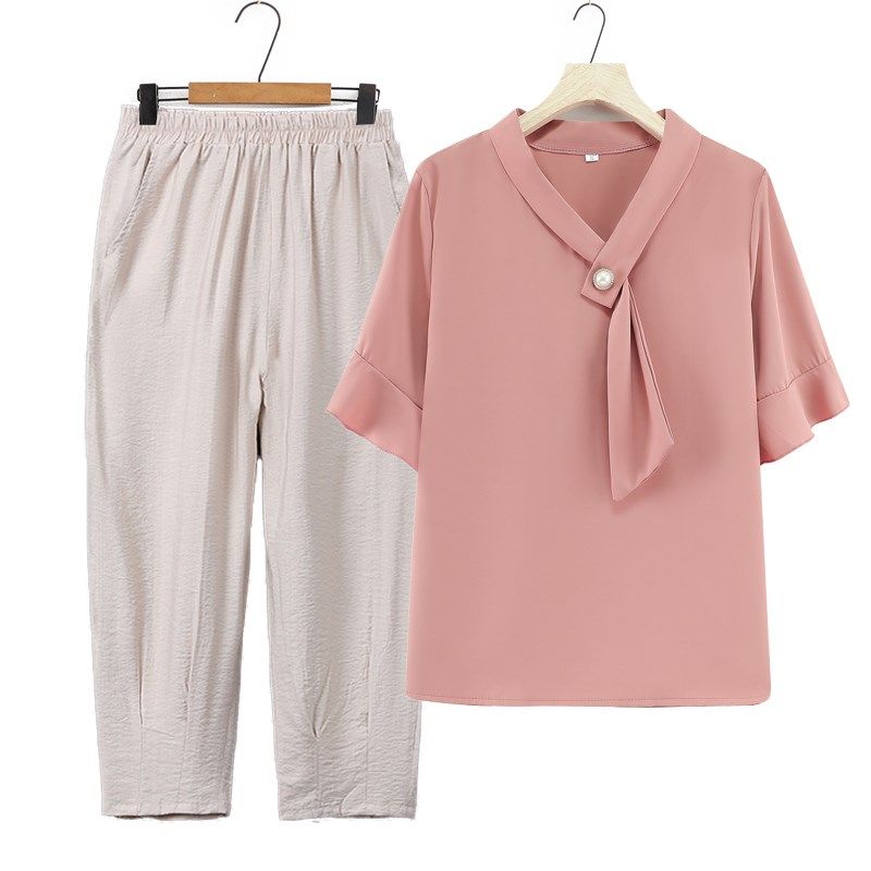 夏季中老年人妈妈款短袖T恤雪纺衫套装洋气奶奶女士上衣服两件套,女装/女士精品,中老年女装,淘宝优惠券,粉丝福利购,淘宝优惠卷