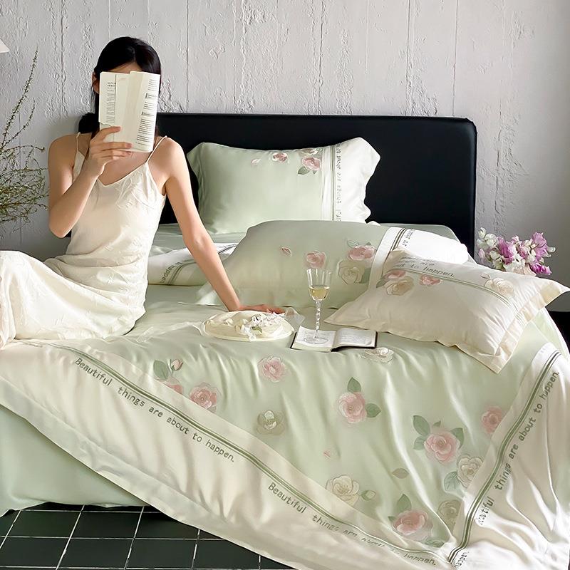 田园风莱赛尔纤维四件套山茶花刺绣被套床单夏季丝滑裸睡床上用品