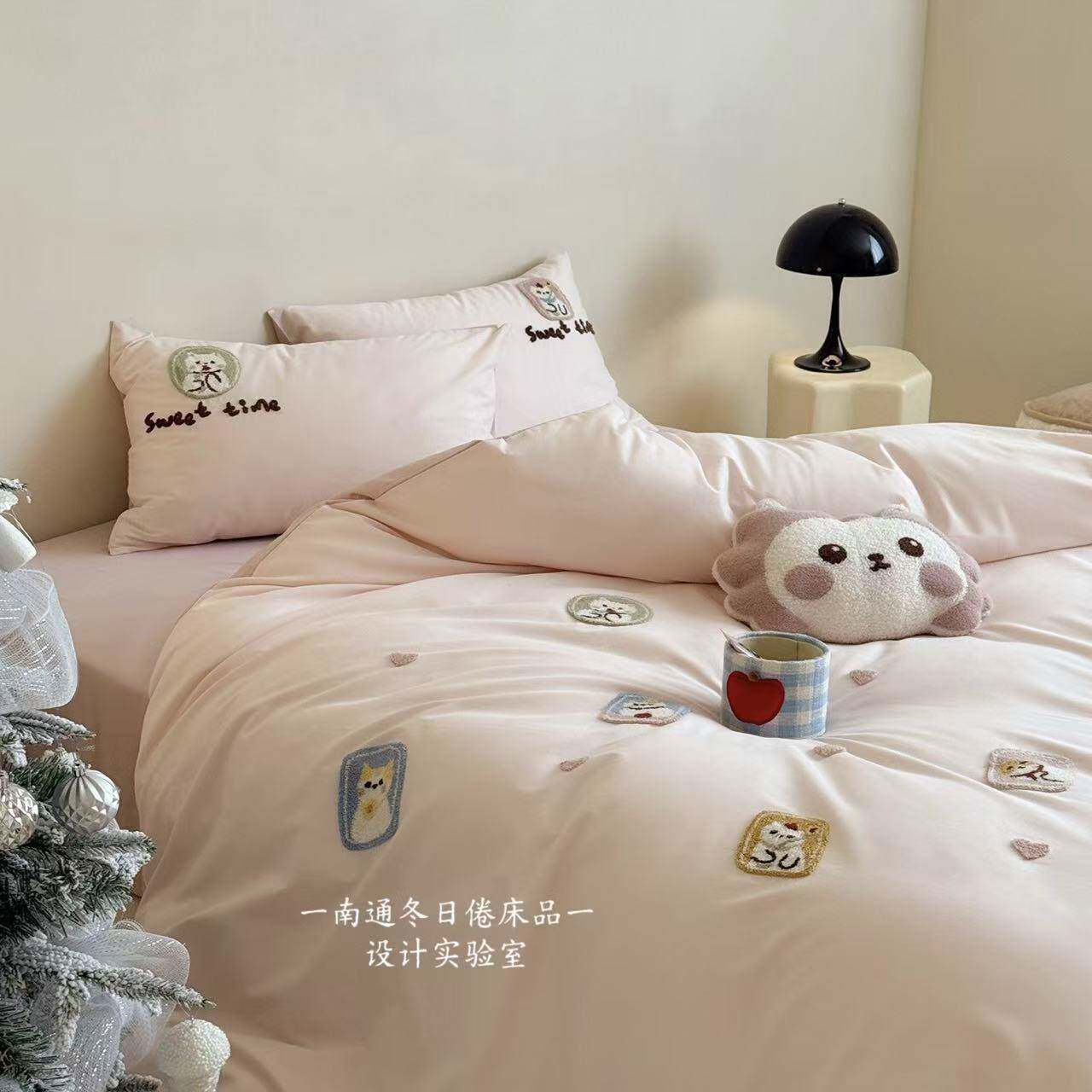 半眠小猫·100支加厚磨毛四件套全棉 秋冬可爱毛巾绣被套纯棉床品