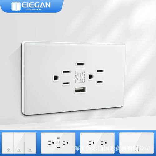 美规 全面钢化玻璃面板美式泰式白色USB+Type-c快充