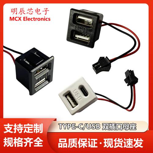 双层USB插口 type-c母座台灯usb灯具卡扣充电电源座带线母座