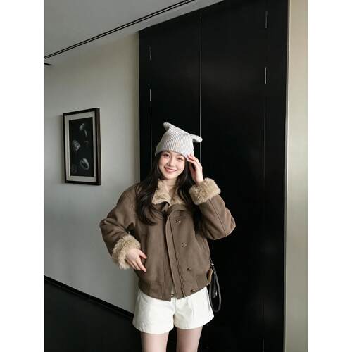 Skk Store 伦敦少女 中古麂皮烫金复古皮毛一体环保毛毛夹克外套