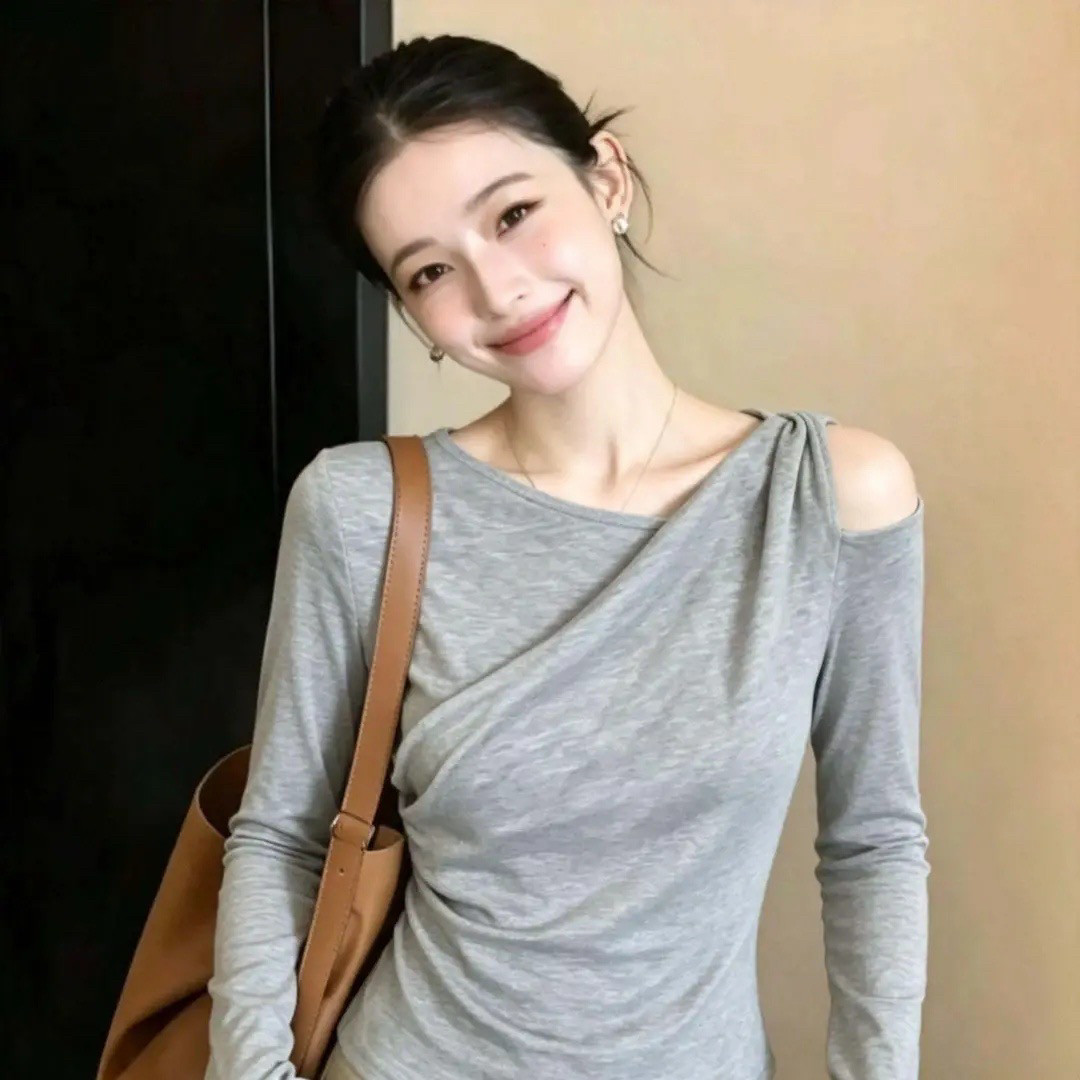 已出货人棉随心裁260克灰色露肩长袖t恤女秋季不规则独特别致
