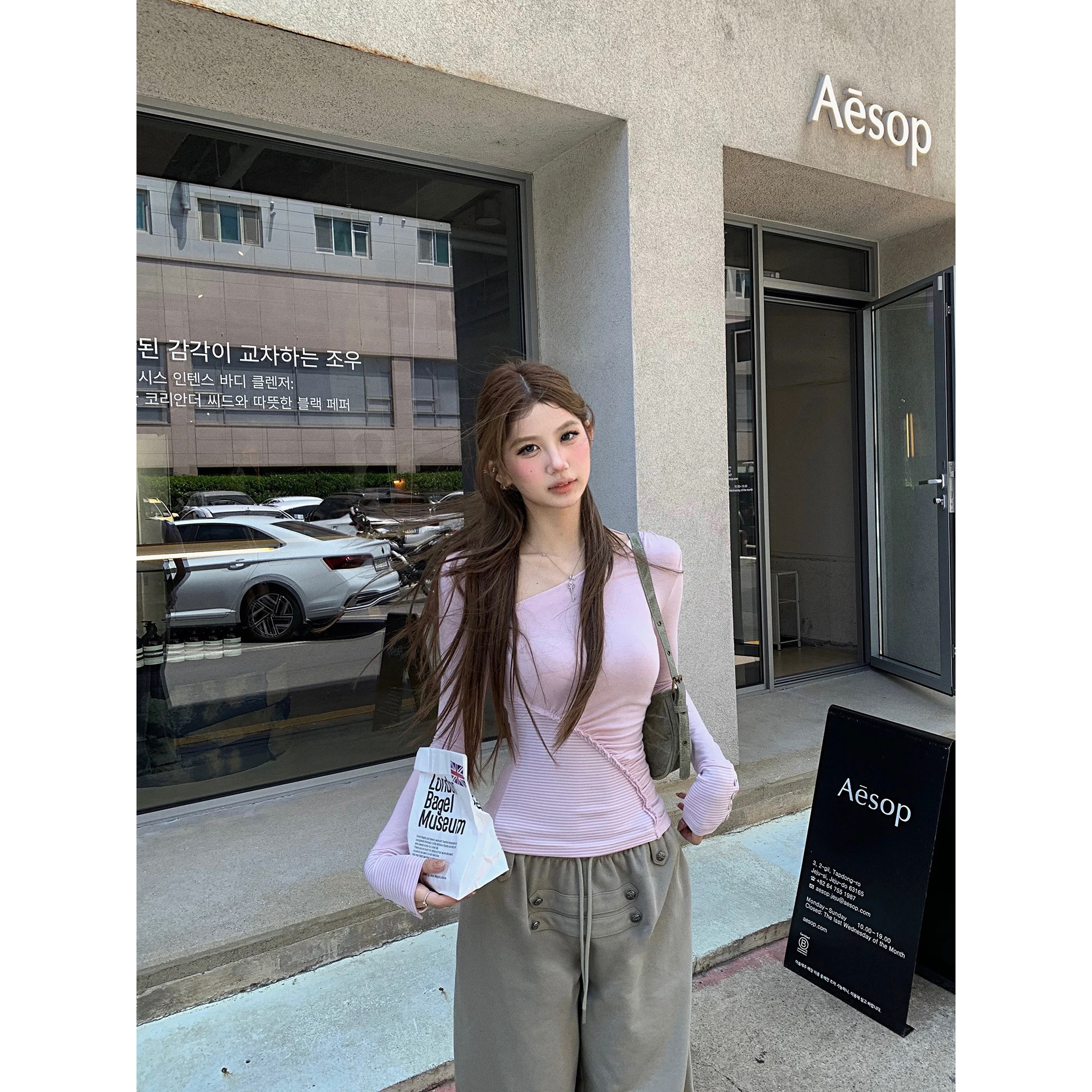 已出货 设计感条纹拼接打底衫女修身内搭T恤上衣秋
