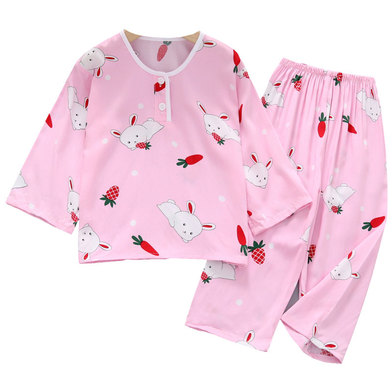 夏季棉绸儿童睡衣套装男童女童小孩宝宝绵绸长袖长裤薄空调家居服