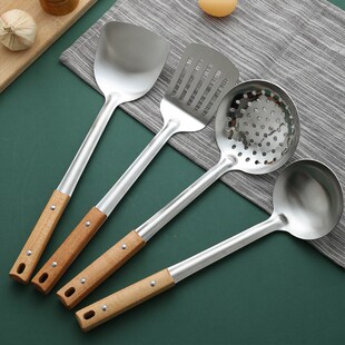 木柄不锈钢锅铲炒菜铲子煎铲汤勺家用厨具套装全套防烫铁铲子加厚