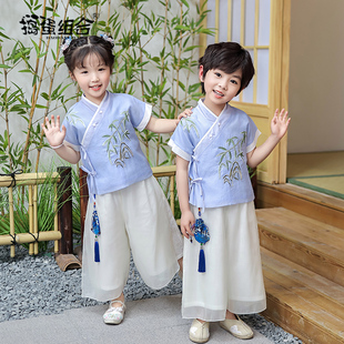 夏季薄款短袖男童汉服女童中国风古装男孩小学生中秋节民族演出服