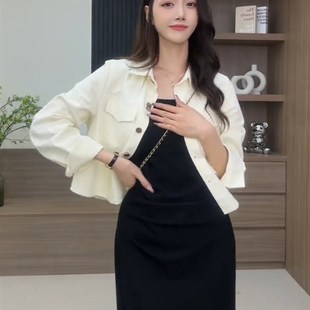 2023年秋季新款法式高级感长袖衬衫女吊带裙外搭开衫宽松短款外套
