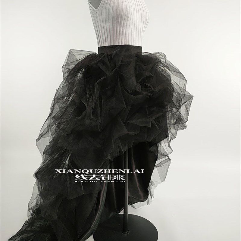 纱裙旅拍简约黑色前短后长演出女蓬蓬裙婚纱半身裙走秀年会宴会裙