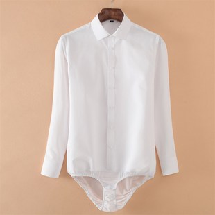男士修身舞蹈连体衬衫白色 长袖 学生装商务工装连裤衬衣带裆衬衣
