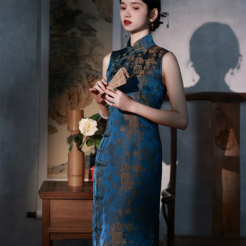 枕梦村庄 冷香 新中式国风改良复古提花收腰无袖高级感旗袍连衣裙
