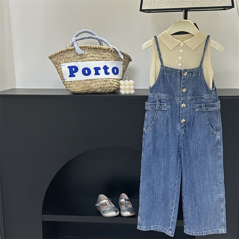 童装女童牛仔背带裤2024夏季新款中大童洋气宽松直筒连体阔腿长裤
