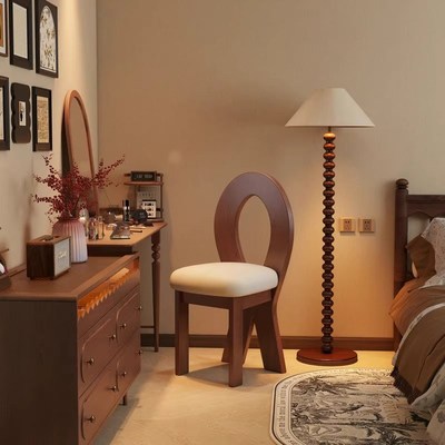 中古风实木梳妆椅女生卧室法式覆古轻奢化妆台带靠背椅子化妆凳子