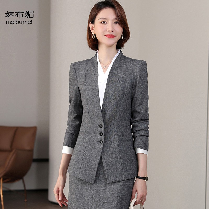 秋冬长袖小西装女外套厚职业装工作服3粒扣修身无领西服女装套装