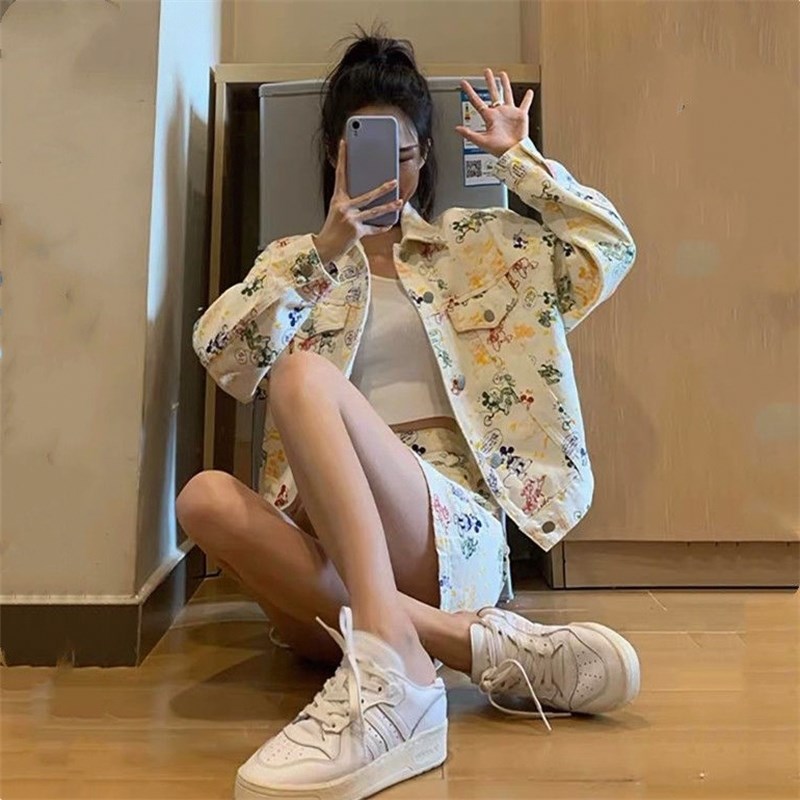 港风牛仔两件套女春秋季装新款潮洋气小个子套装上衣外穿裙子胖mm