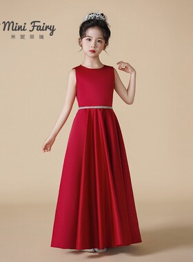 女童钢琴演出服儿童艺考小提琴比赛表演服红色气质长裙生日晚礼服