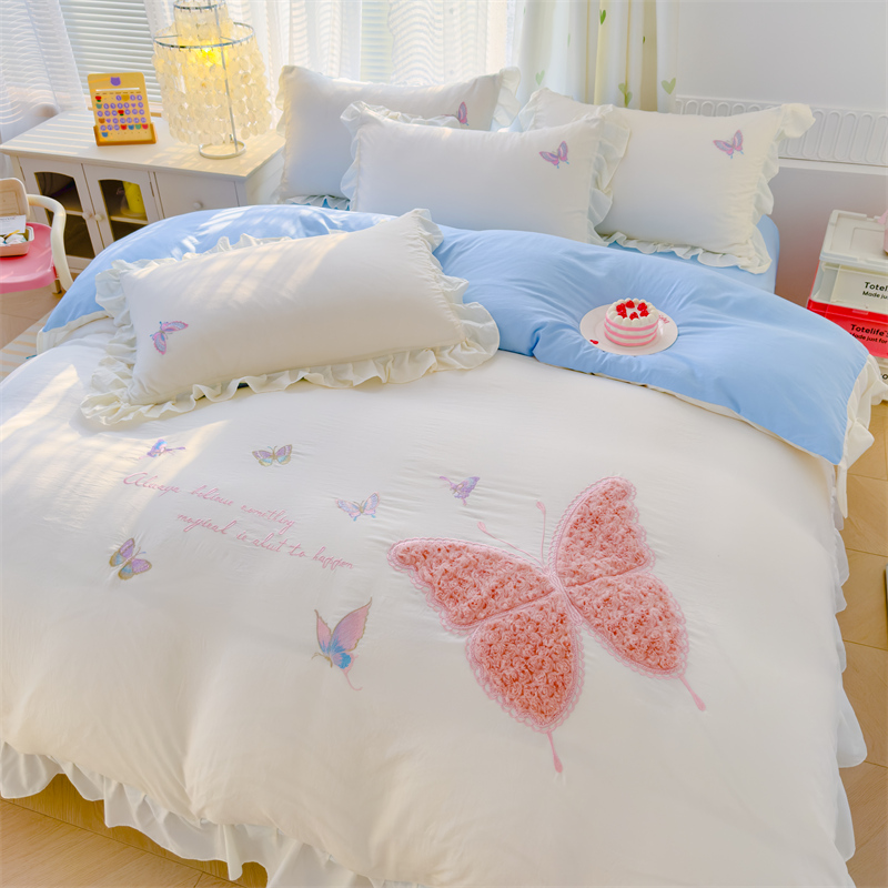 A类双层纱床上四件套毛巾绣非全棉纯棉被套床单学生三件套床笠款4