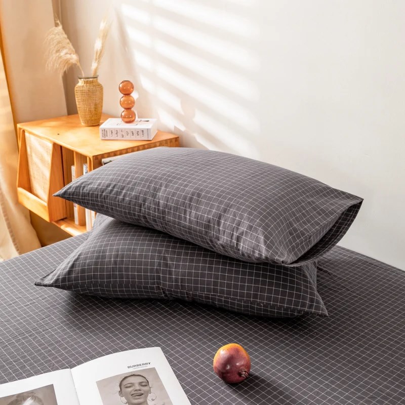 新款A类纯棉色织水洗棉单品枕套48x74cm一对枕头套格子款家用宿舍