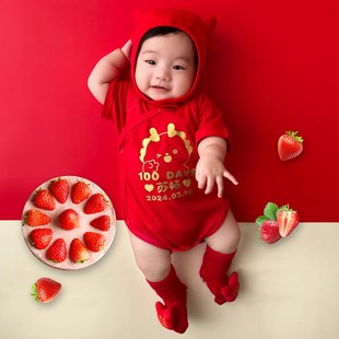 福贵儿定制宝宝百天衣服女婴儿满月拍照公主夏季红色纯棉男连体衣