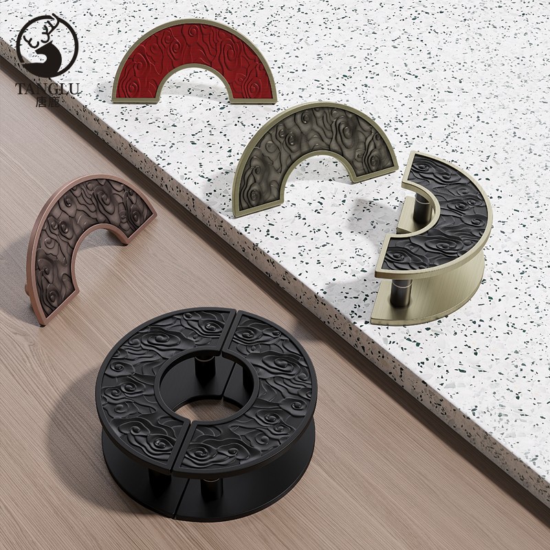 古铜雕刻镂空半圆实木门把手新中式仿古玻璃大门拉手祥云大门把手
