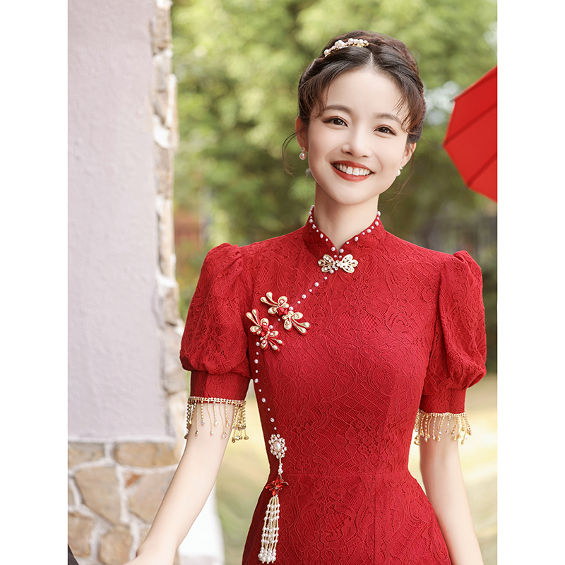 红色旗袍敬酒服新娘2023新款鱼尾修身中式订婚结婚礼服裙女高级感