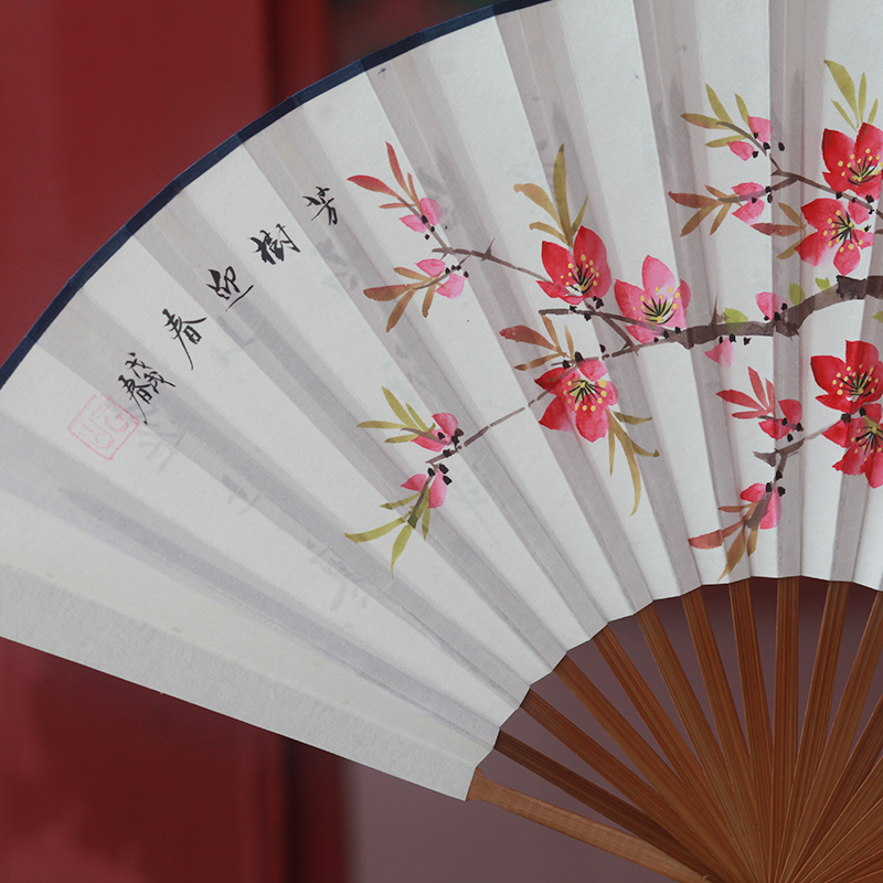 折扇8寸手绘宣纸古风扇中国风高档玉竹礼品扇山水书法男女文艺扇